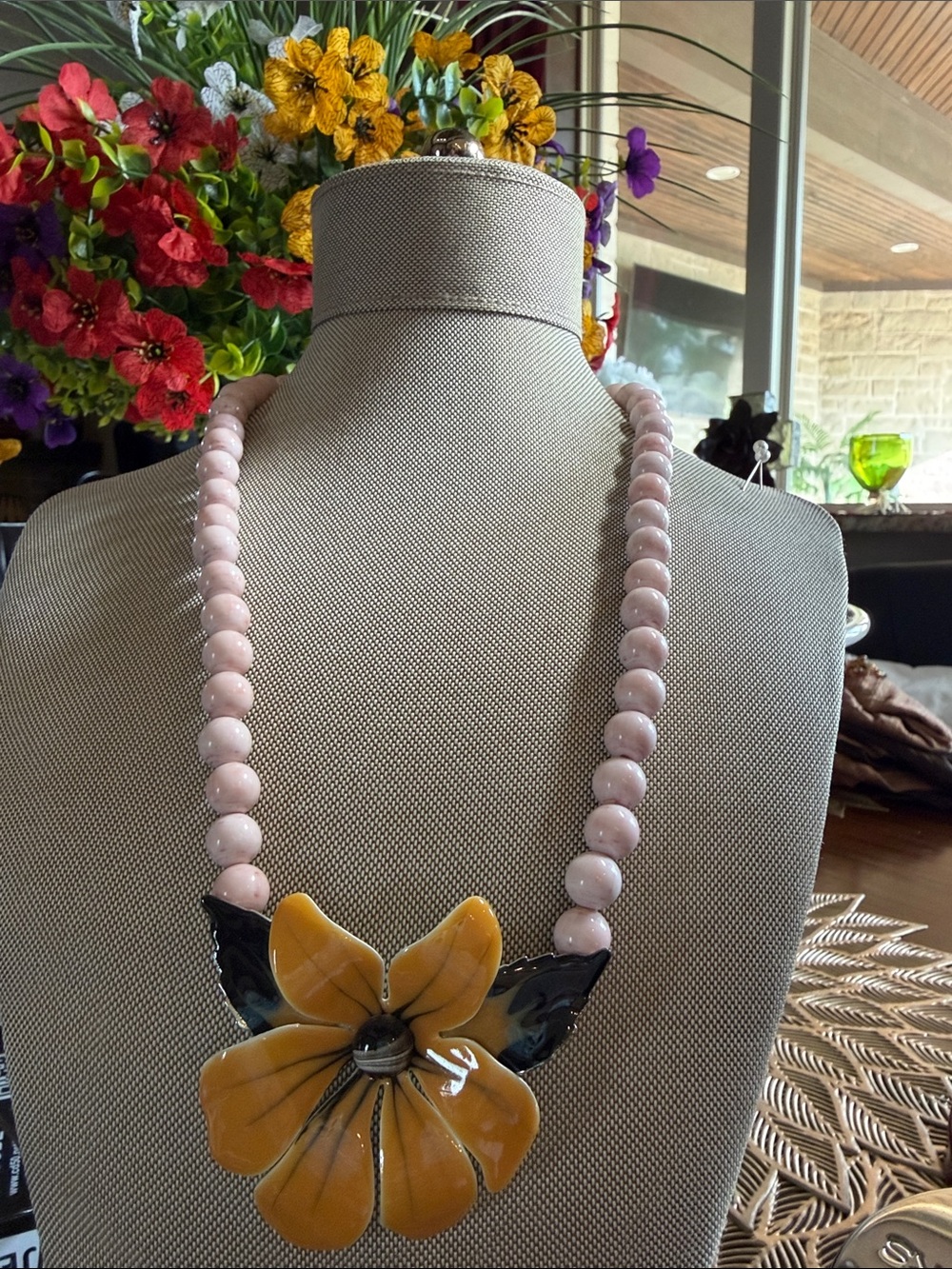 Pink Bead Necklace with Yellow Flower Pendant